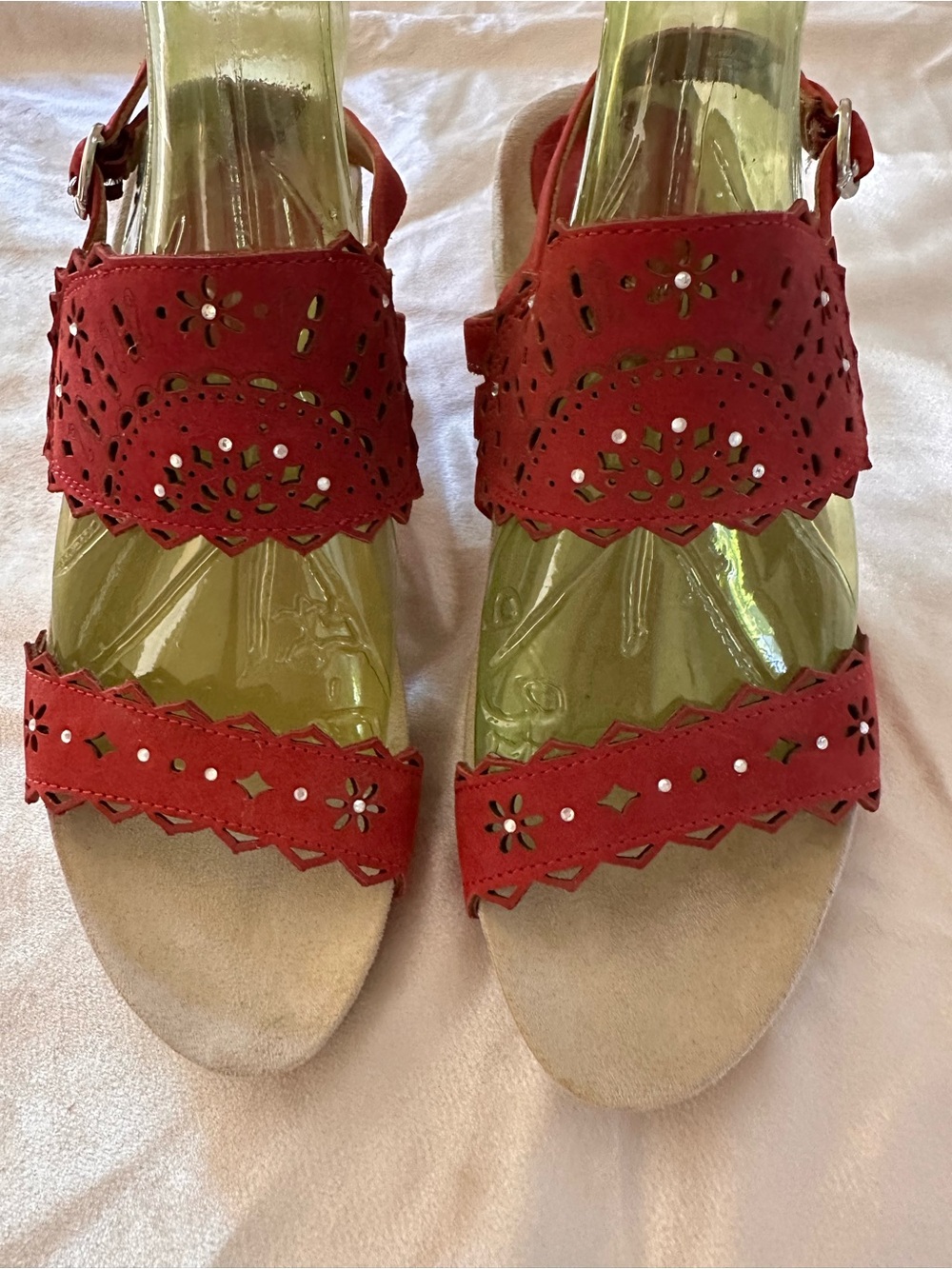 Earthie’s Red Laser-Cut Two-Strap Slingback Sandals